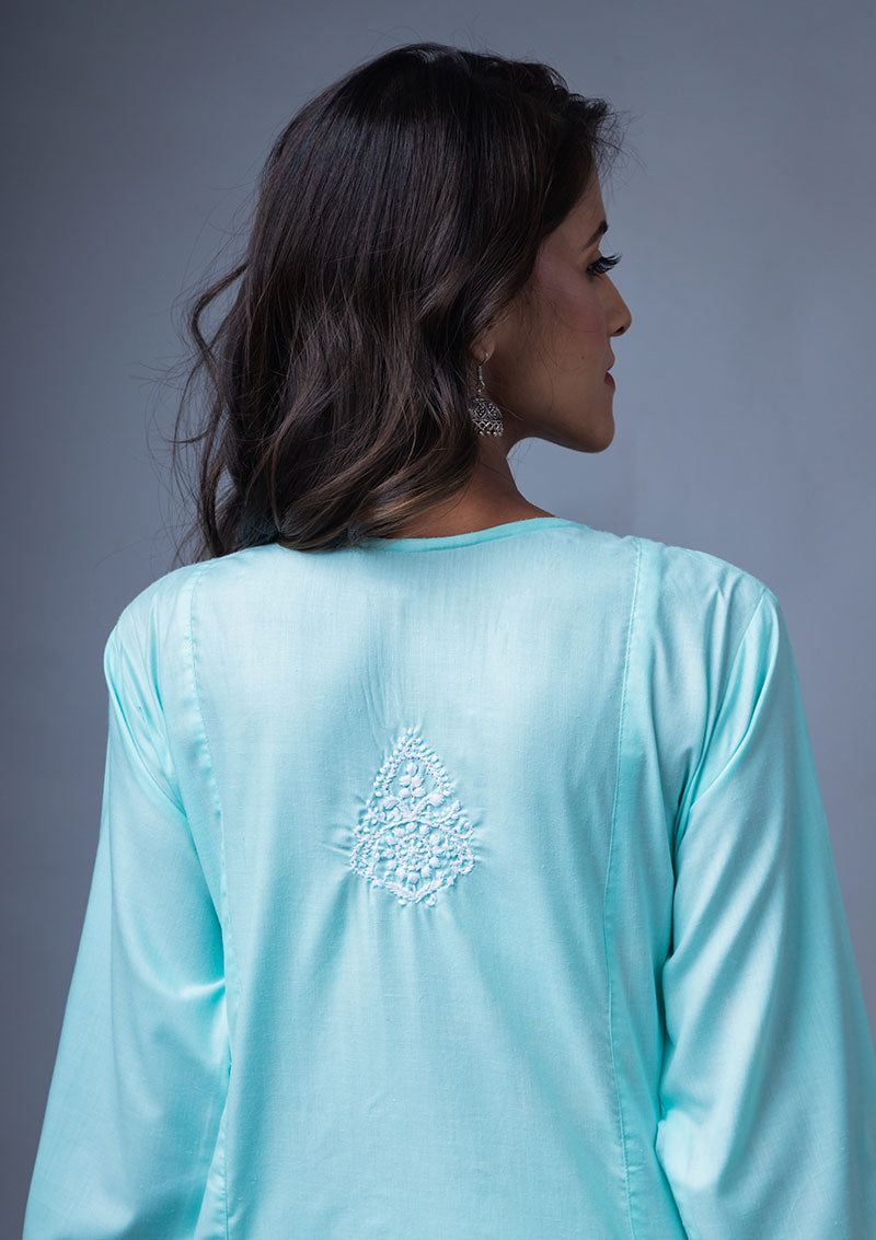 Firdaus Chikan Hand Embroidered Sea Green Cotton Lucknowi Chikan Kurta-FCL10001