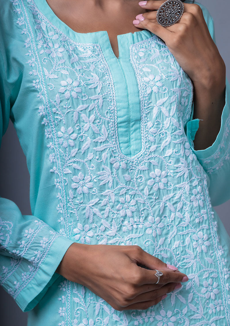 Firdaus Chikan Hand Embroidered Sea Green Cotton Lucknowi Chikan Kurta-FCL10001