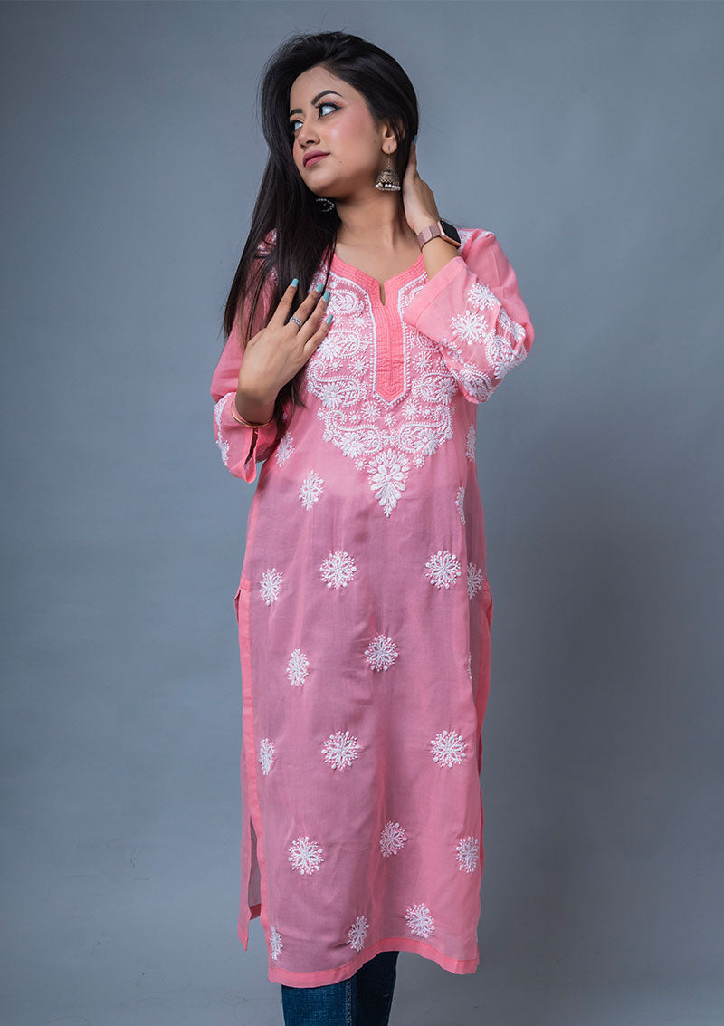 Firdaus Chikan Hand Embroidered Pink Cotton Lucknowi Chikan Kurta-FCL10005