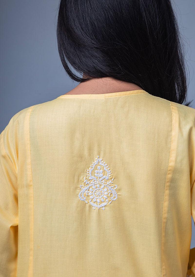 Firdaus Chikan Hand Embroidered Yellow Cotton Lucknowi Chikan Kurta-FCL10003