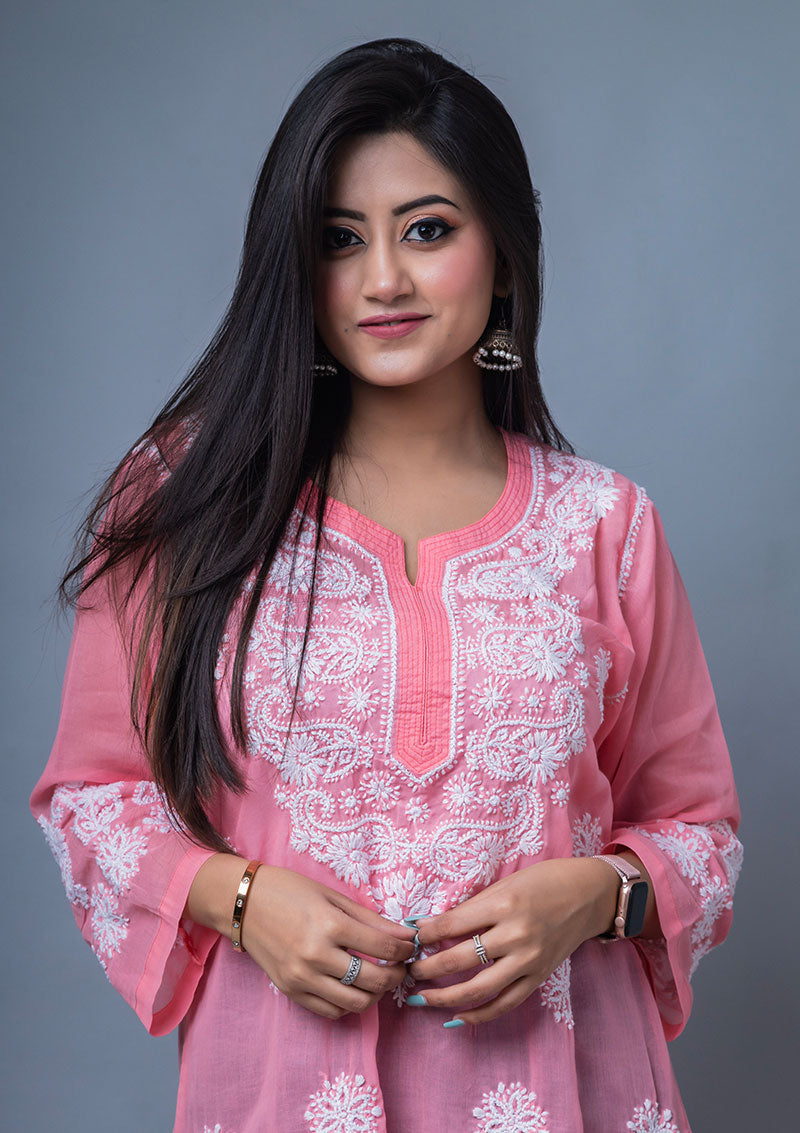 Firdaus Chikan Hand Embroidered Pink Cotton Lucknowi Chikan Kurta-FCL10005