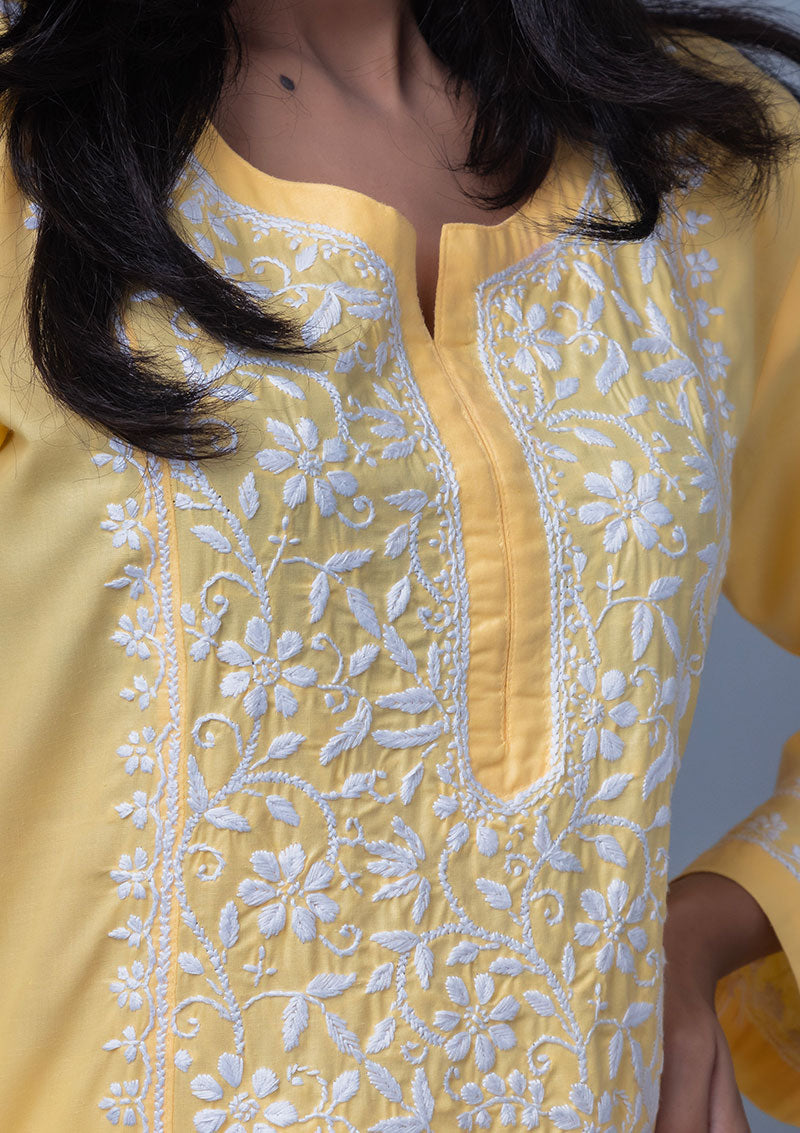 Firdaus Chikan Hand Embroidered Yellow Cotton Lucknowi Chikan Kurta-FCL10003