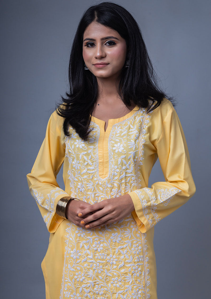 Firdaus Chikan Hand Embroidered Yellow Cotton Lucknowi Chikan Kurta-FCL10003