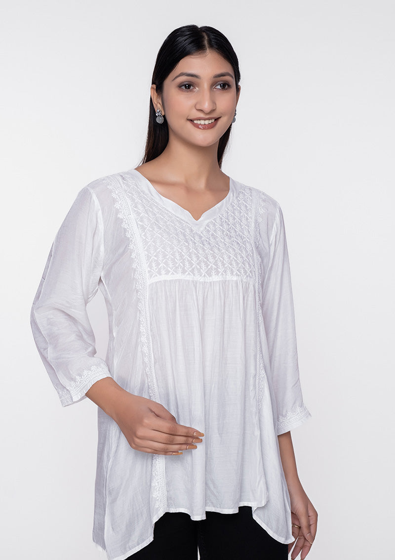 Firdaus Chikankari Indo Western Elegance - Short White Kurti - FCL0032