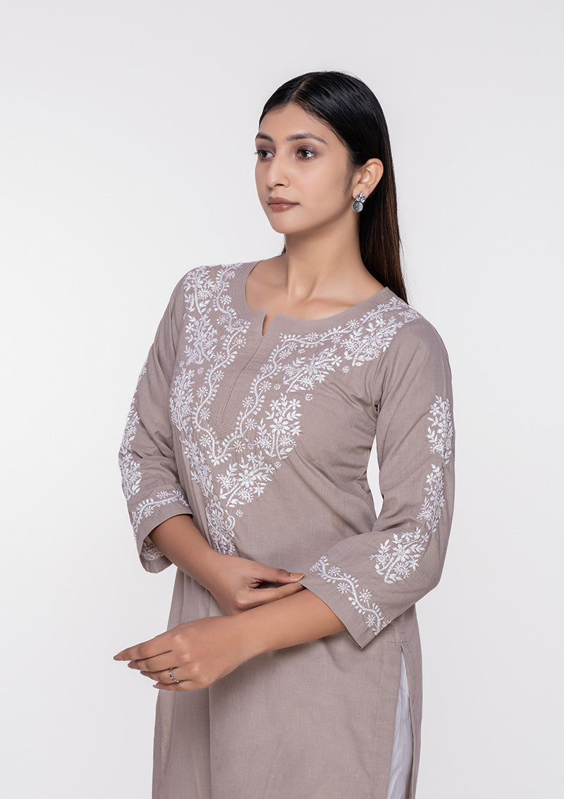 Firdaus Chikankari Knee-Length Kurti in Brown with Embroidery - FCL0036