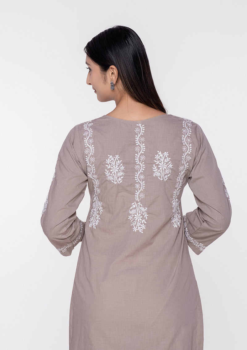 Firdaus Chikankari Knee-Length Kurti in Brown with Embroidery - FCL0036