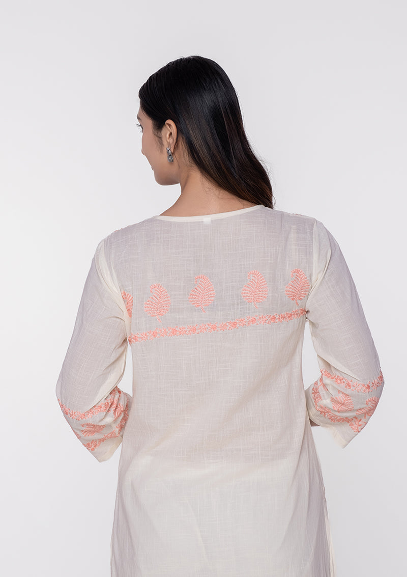 Firdaus Chikankari Peach Embroidery Knee-Length Kurti - FCL0039