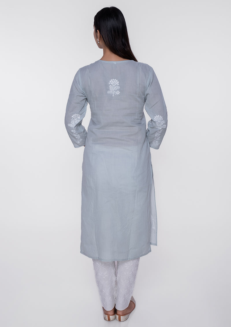 Firdaus Chikankari Grey Lucknowi Elegant Knee-Length Kurti - FCL0043