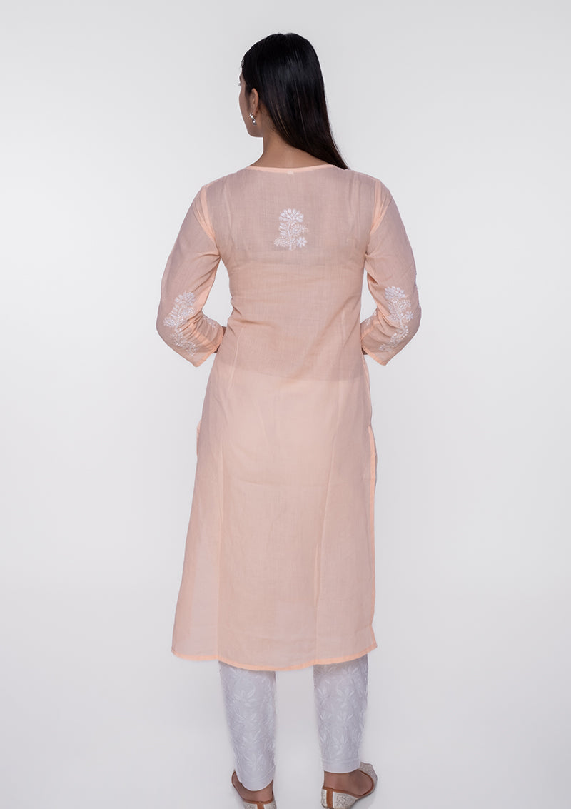 Firdaus Chikankari Elegant Peach Lucknowi Knee-Length Kurti - FCL0044