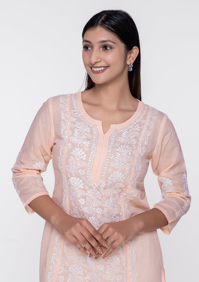 Firdaus Chikankari Elegant Peach Lucknowi Knee-Length Kurti - FCL0044