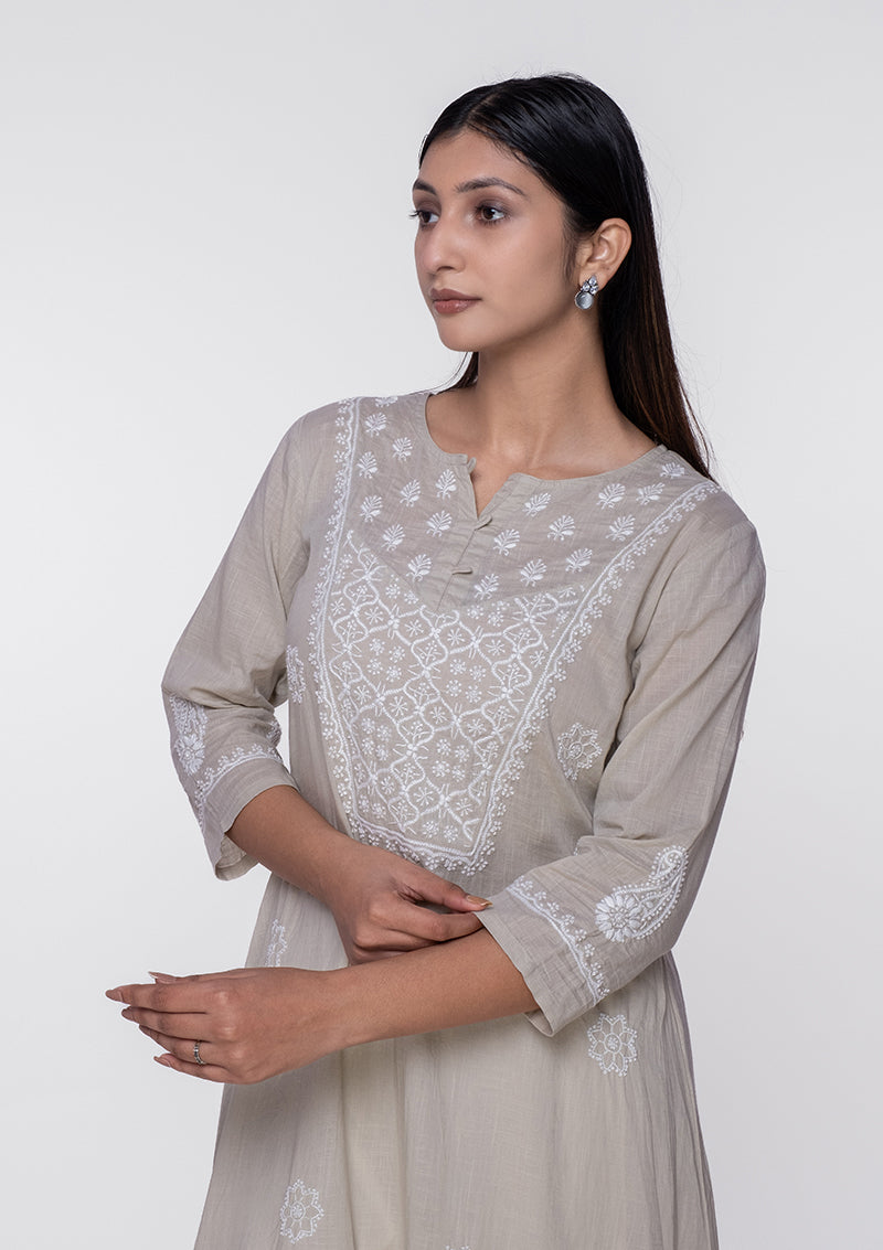 Firdaus Chikankari Beige with white embroidery Lucknowi Kurti - FCL0047