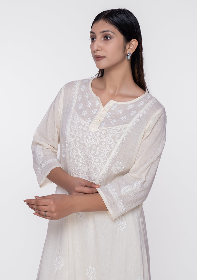 Firdaus Chikankari Off-White Lucknowi Kurti - FCL0049