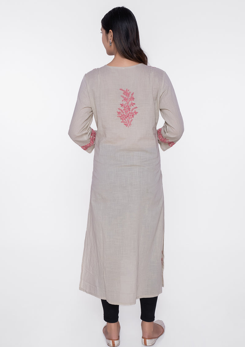 Firdaus Chikankari white Pink Knee-Length Kurti with Embroidery - FCL0051