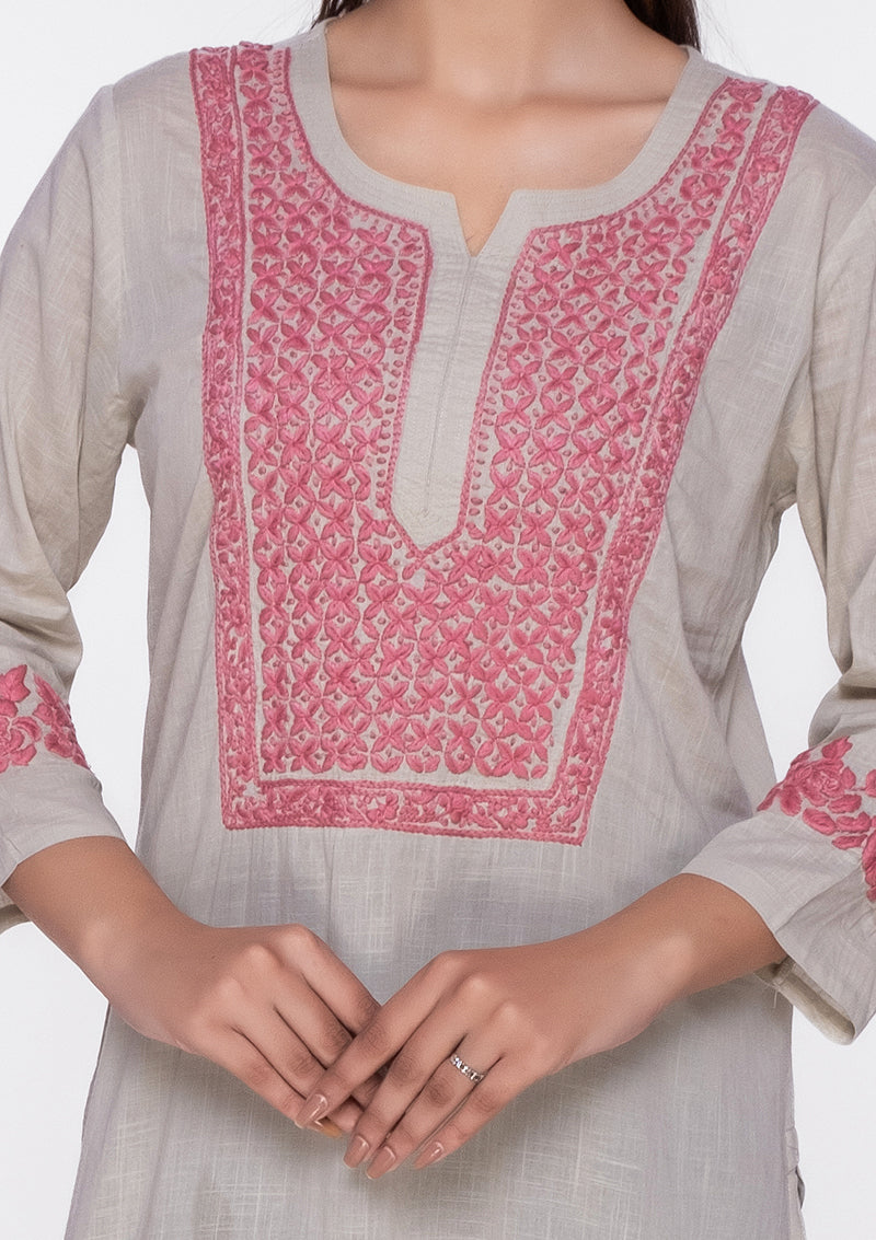 Firdaus Chikankari white Pink Knee-Length Kurti with Embroidery - FCL0051