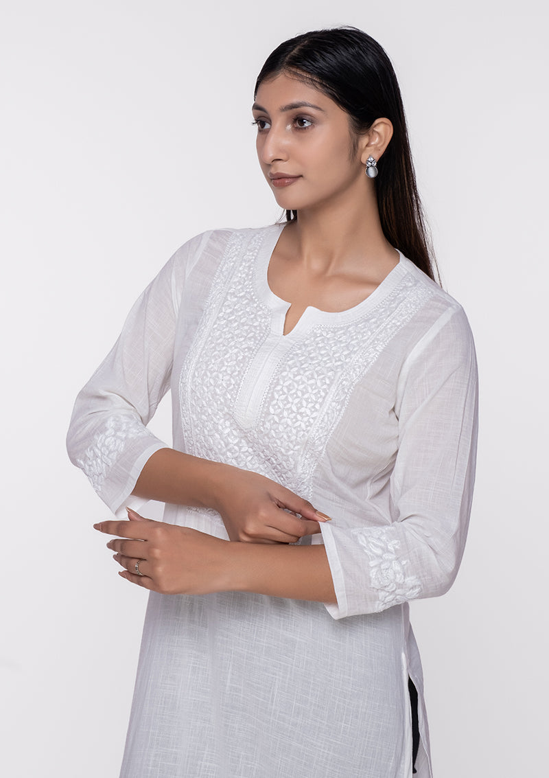 Firdaus Chikankari All-White Kurti with Embroidery - FCL0053