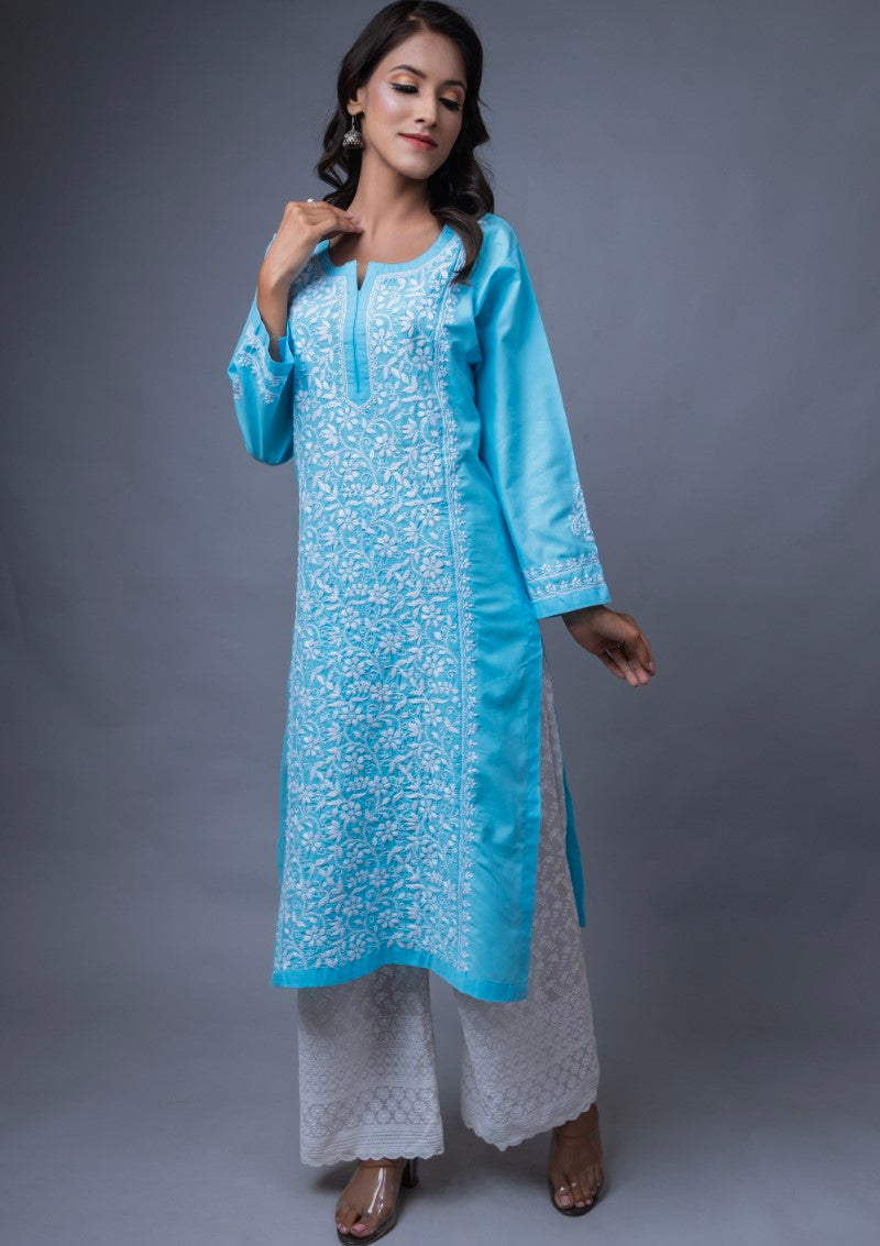 Firdaus Chikan Hand Embroidered Blue Cotton Lucknowi Chikan Kurta-FCL10004