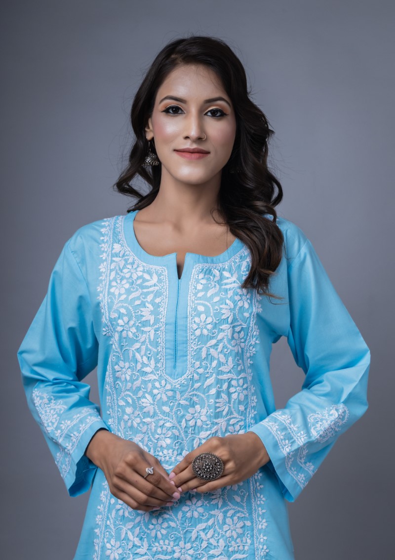 Firdaus Chikan Hand Embroidered Blue Cotton Lucknowi Chikan Kurta-FCL10004