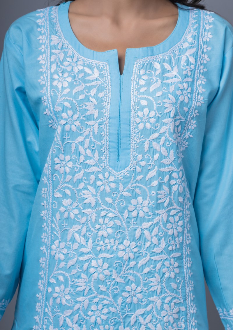 Firdaus Chikan Hand Embroidered Blue Cotton Lucknowi Chikan Kurta-FCL10004