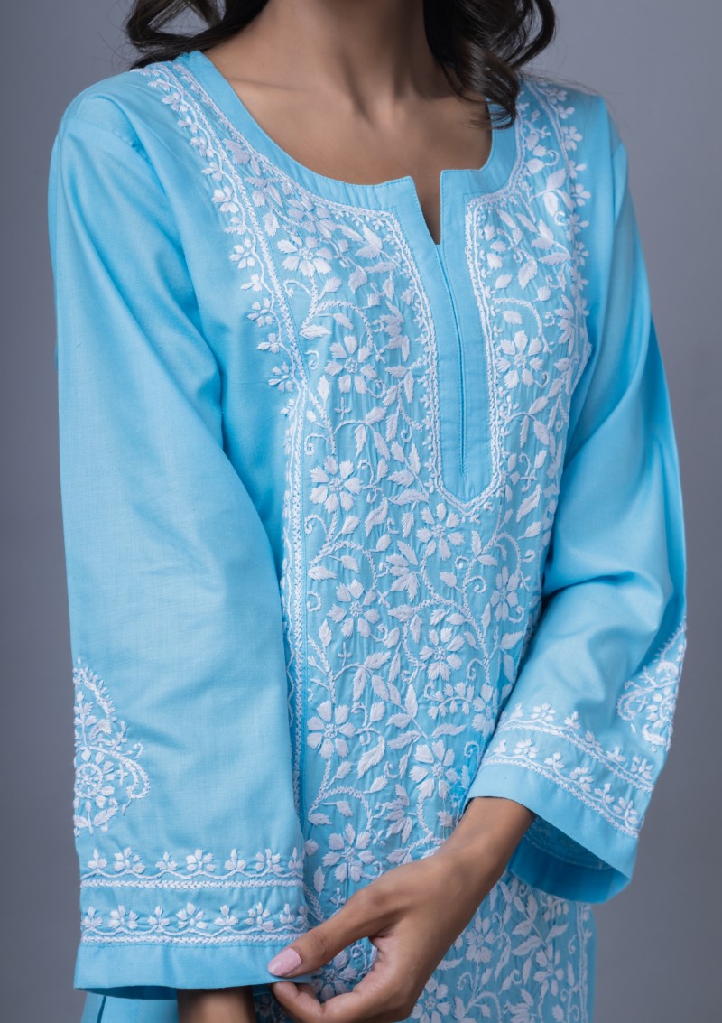 Firdaus Chikan Hand Embroidered Blue Cotton Lucknowi Chikan Kurta-FCL10004