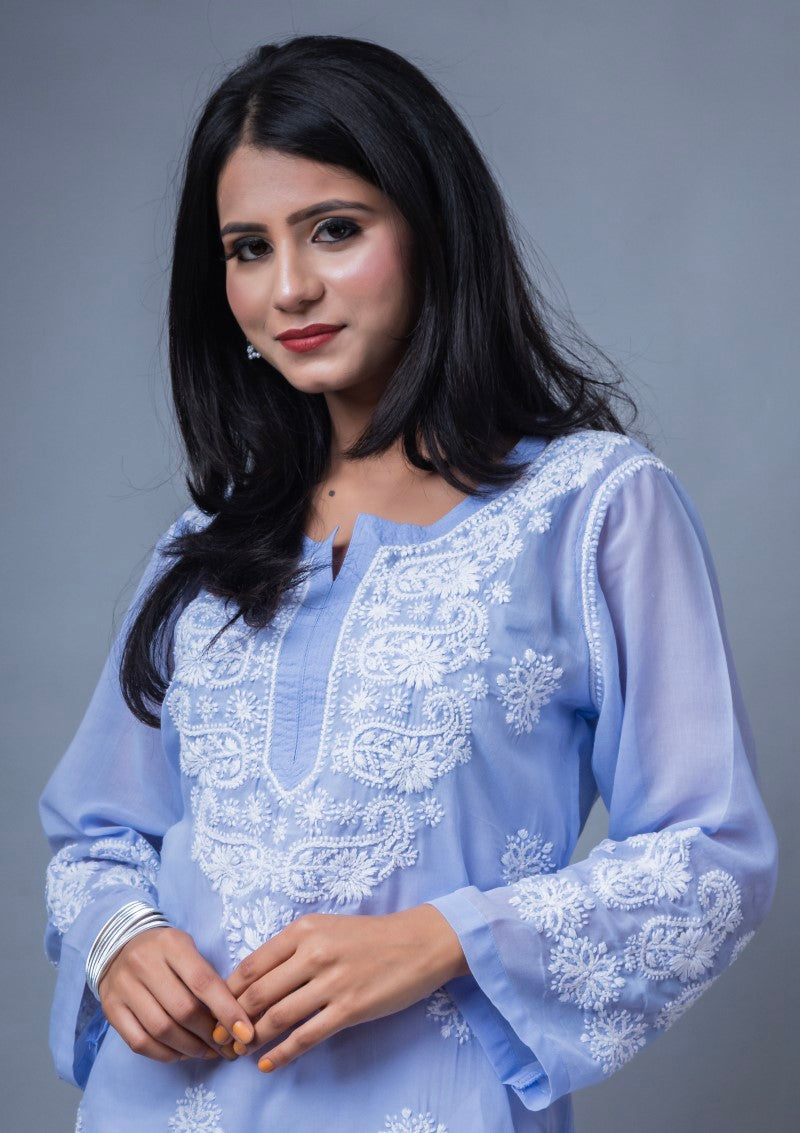 Firdaus Chikan Hand Embroidered Blue Cotton Lucknowi Chikan Kurta-FCL10006