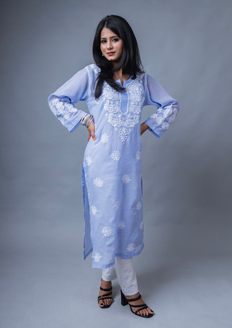 Firdaus Chikan Hand Embroidered Blue Cotton Lucknowi Chikan Kurta-FCL10006