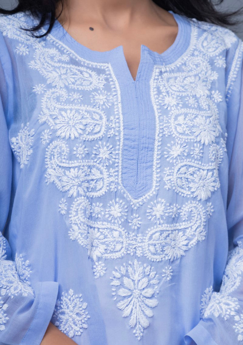 Firdaus Chikan Hand Embroidered Blue Cotton Lucknowi Chikan Kurta-FCL10006