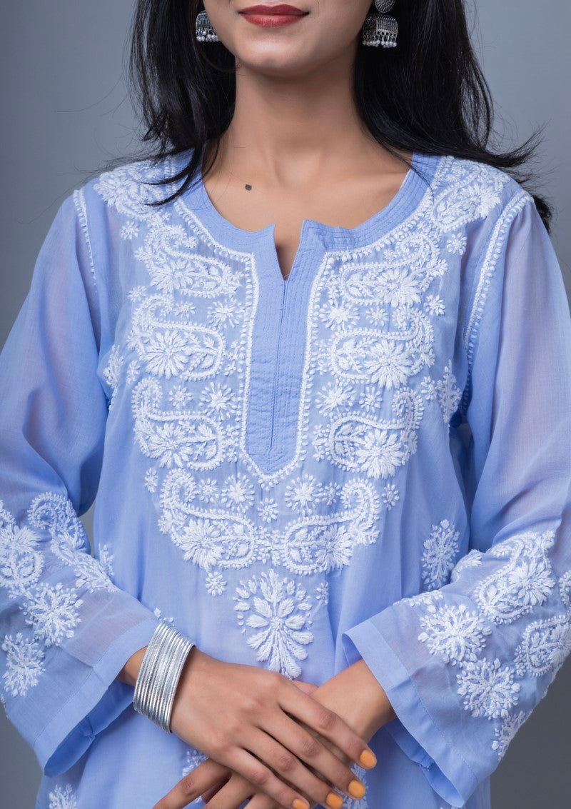 Firdaus Chikan Hand Embroidered Blue Cotton Lucknowi Chikan Kurta-FCL10006