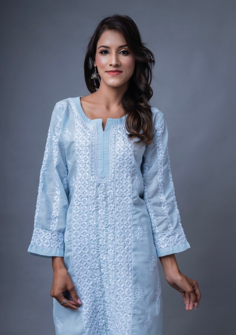 Firdaus Chikan Hand Embroidered Sky Blue Cotton Lucknowi Chikan Kurta-FCL10007