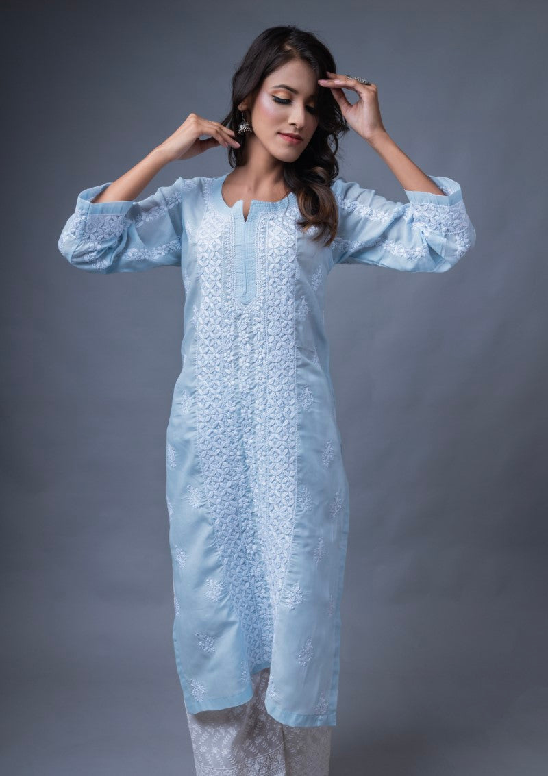 Firdaus Chikan Hand Embroidered Sky Blue Cotton Lucknowi Chikan Kurta-FCL10007