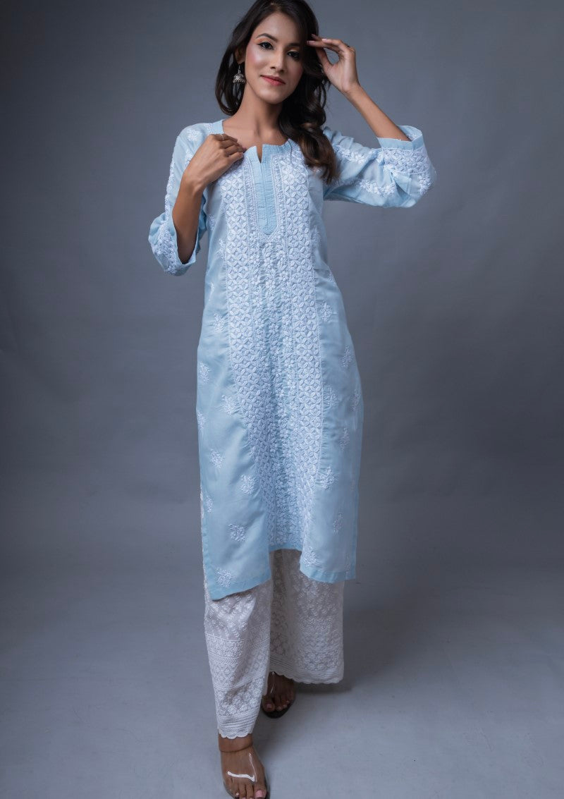 Firdaus Chikan Hand Embroidered Sky Blue Cotton Lucknowi Chikan Kurta-FCL10007