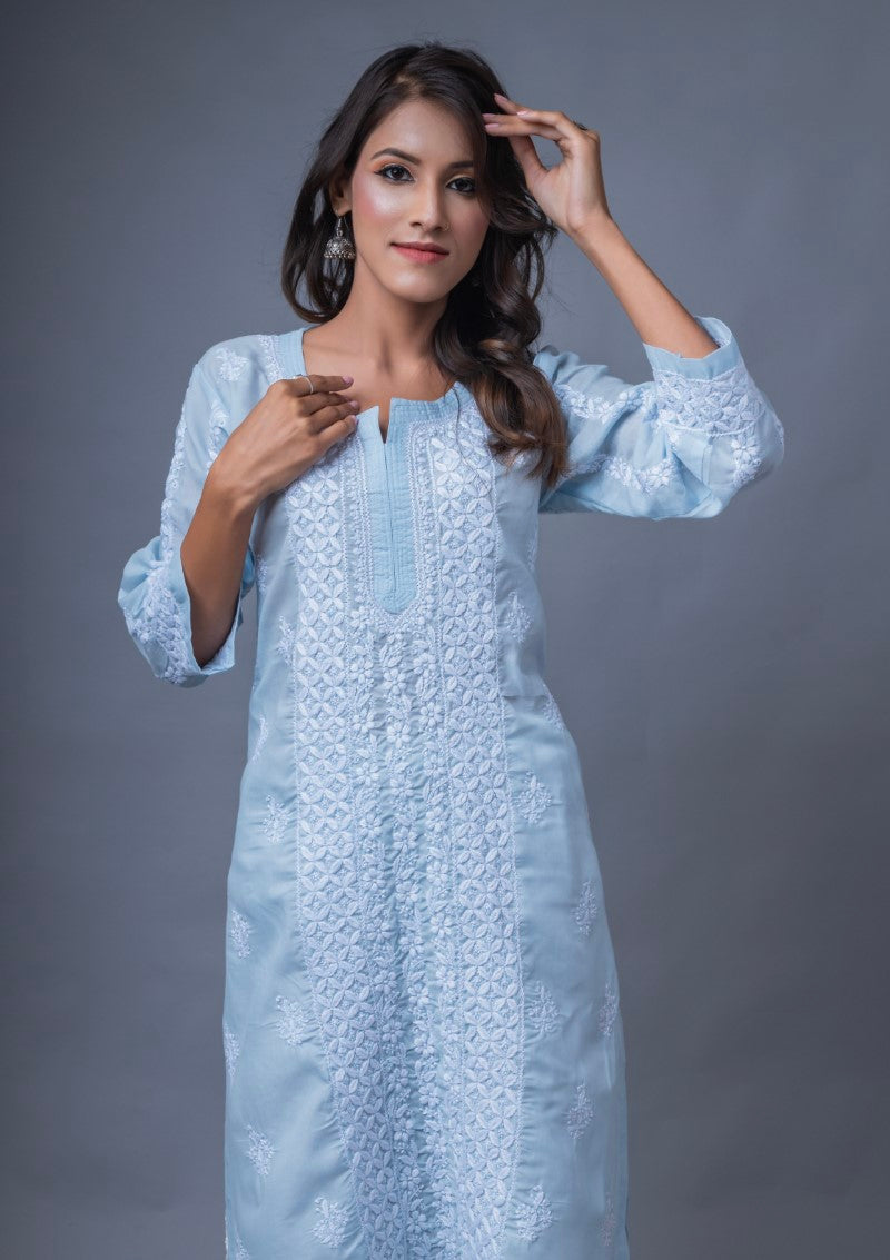 Firdaus Chikan Hand Embroidered Sky Blue Cotton Lucknowi Chikan Kurta-FCL10007