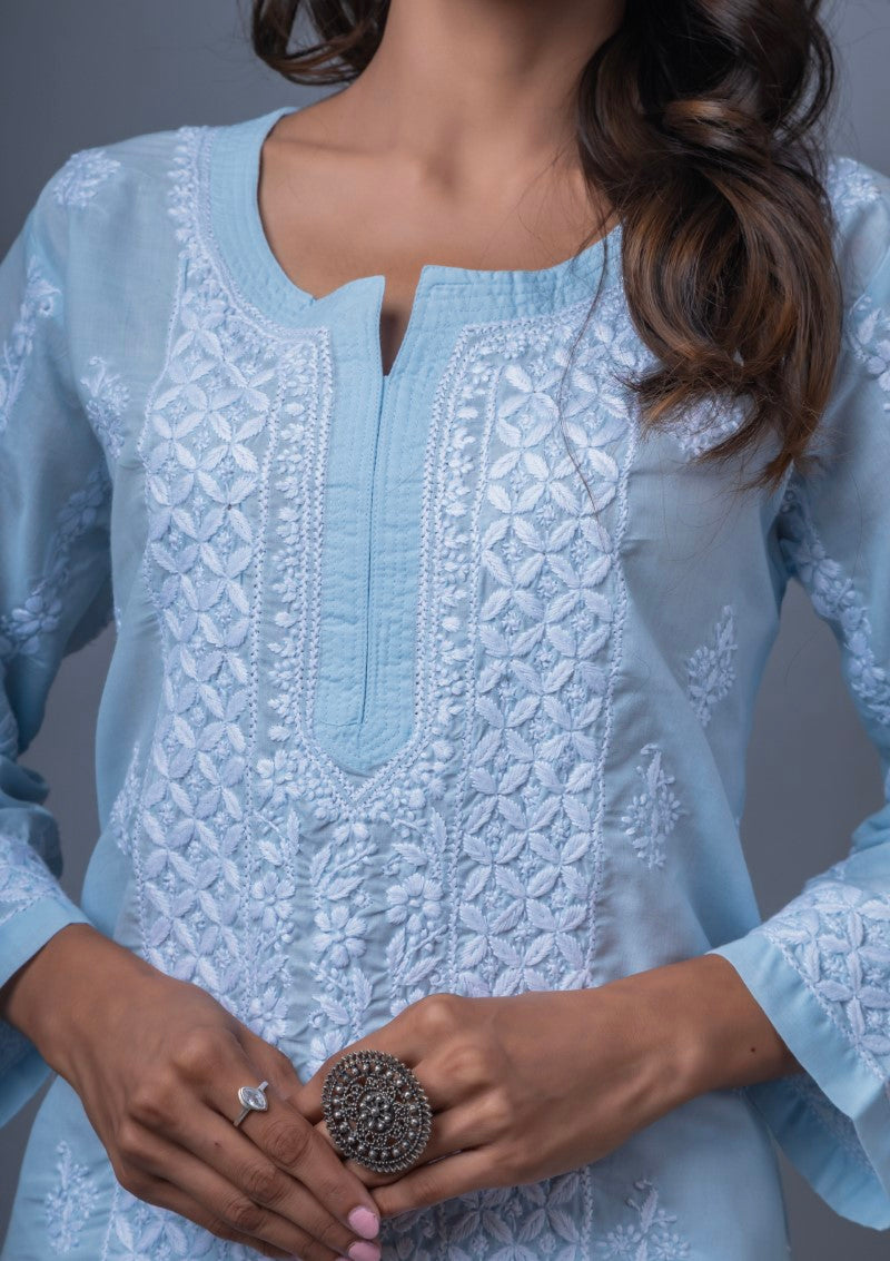 Firdaus Chikan Hand Embroidered Sky Blue Cotton Lucknowi Chikan Kurta-FCL10007