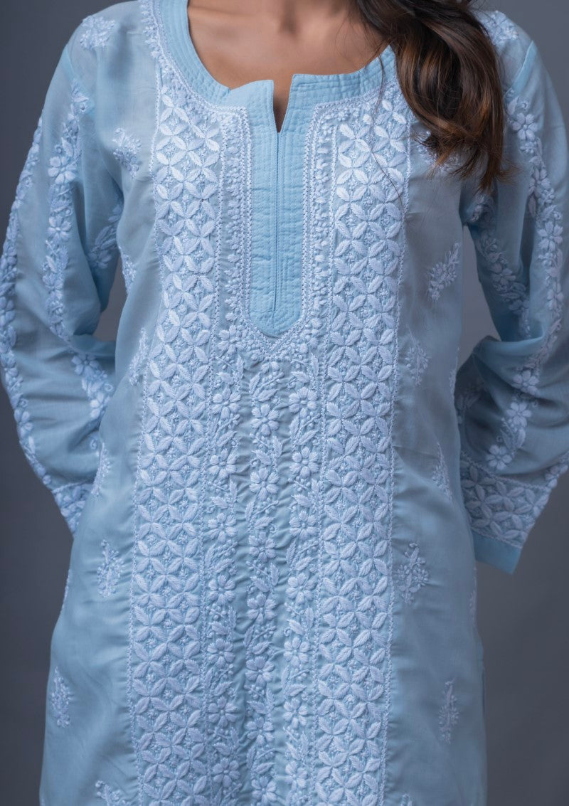 Firdaus Chikan Hand Embroidered Sky Blue Cotton Lucknowi Chikan Kurta-FCL10007