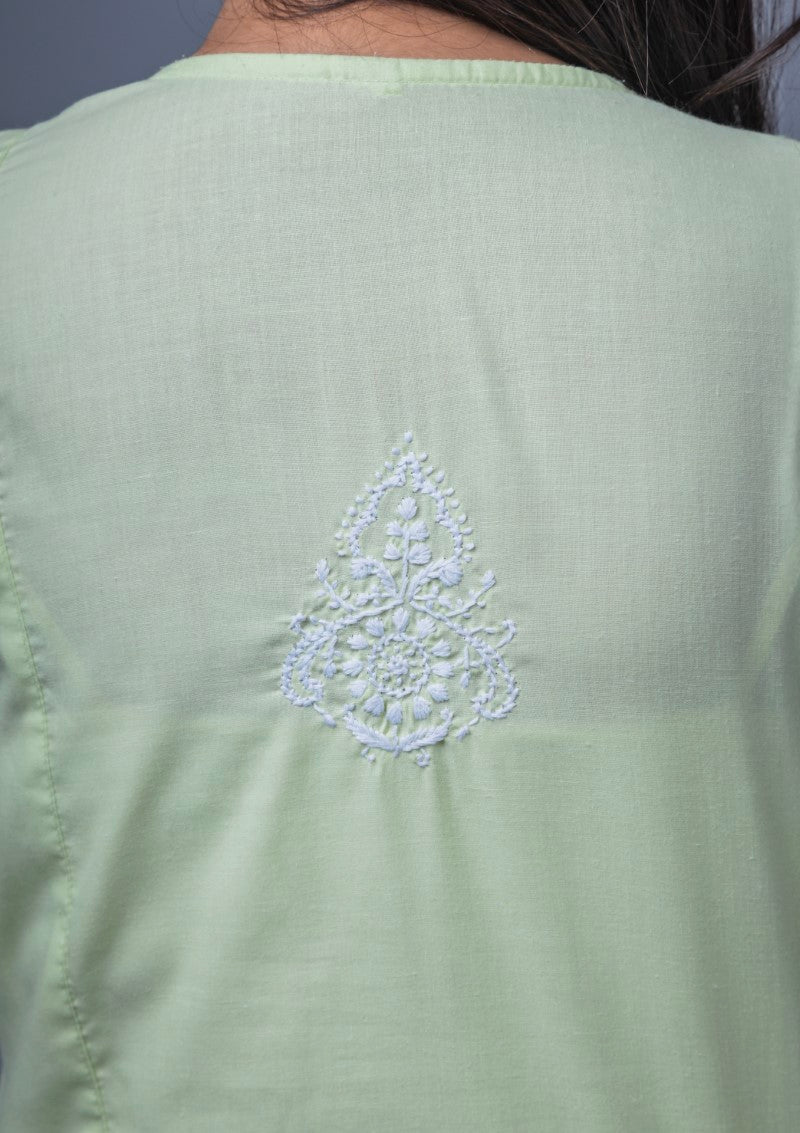 Firdaus Chikan Hand Embroidered Light Green Cotton Lucknowi Chikan Kurta-FCL10008