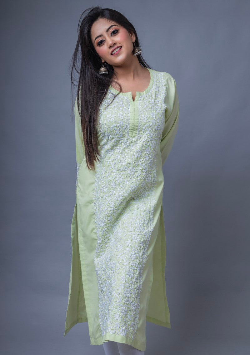 Firdaus Chikan Hand Embroidered Light Green Cotton Lucknowi Chikan Kurta-FCL10008