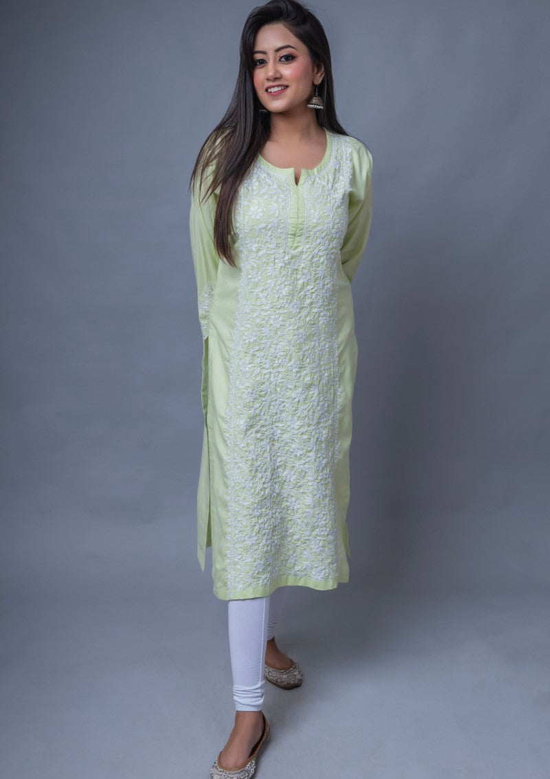 Firdaus Chikan Hand Embroidered Light Green Cotton Lucknowi Chikan Kurta-FCL10008