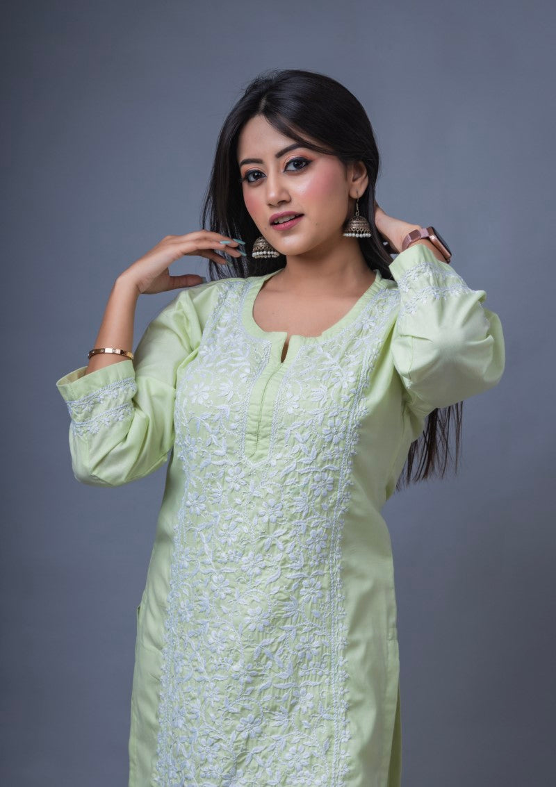 Firdaus Chikan Hand Embroidered Light Green Cotton Lucknowi Chikan Kurta-FCL10008