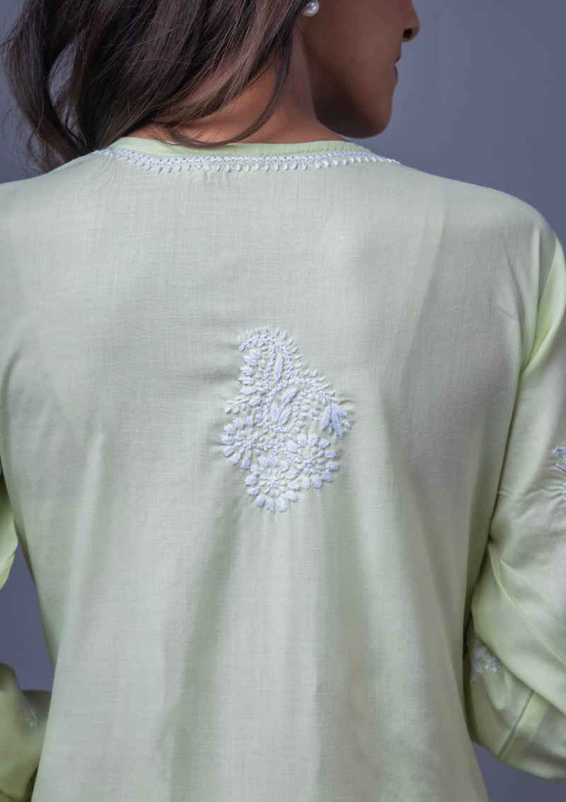 Firdaus Chikan Hand Embroidered Green Cotton Lucknowi Chikan Kurta-FCL10009