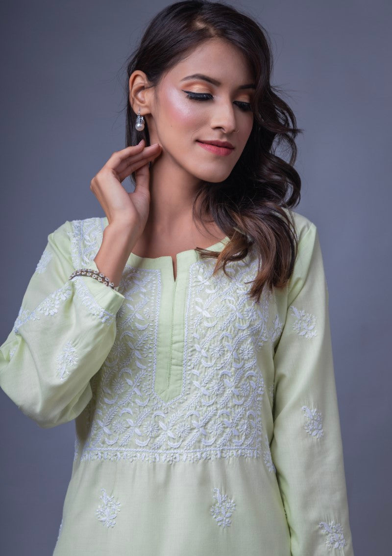 Firdaus Chikan Hand Embroidered Green Cotton Lucknowi Chikan Kurta-FCL10009