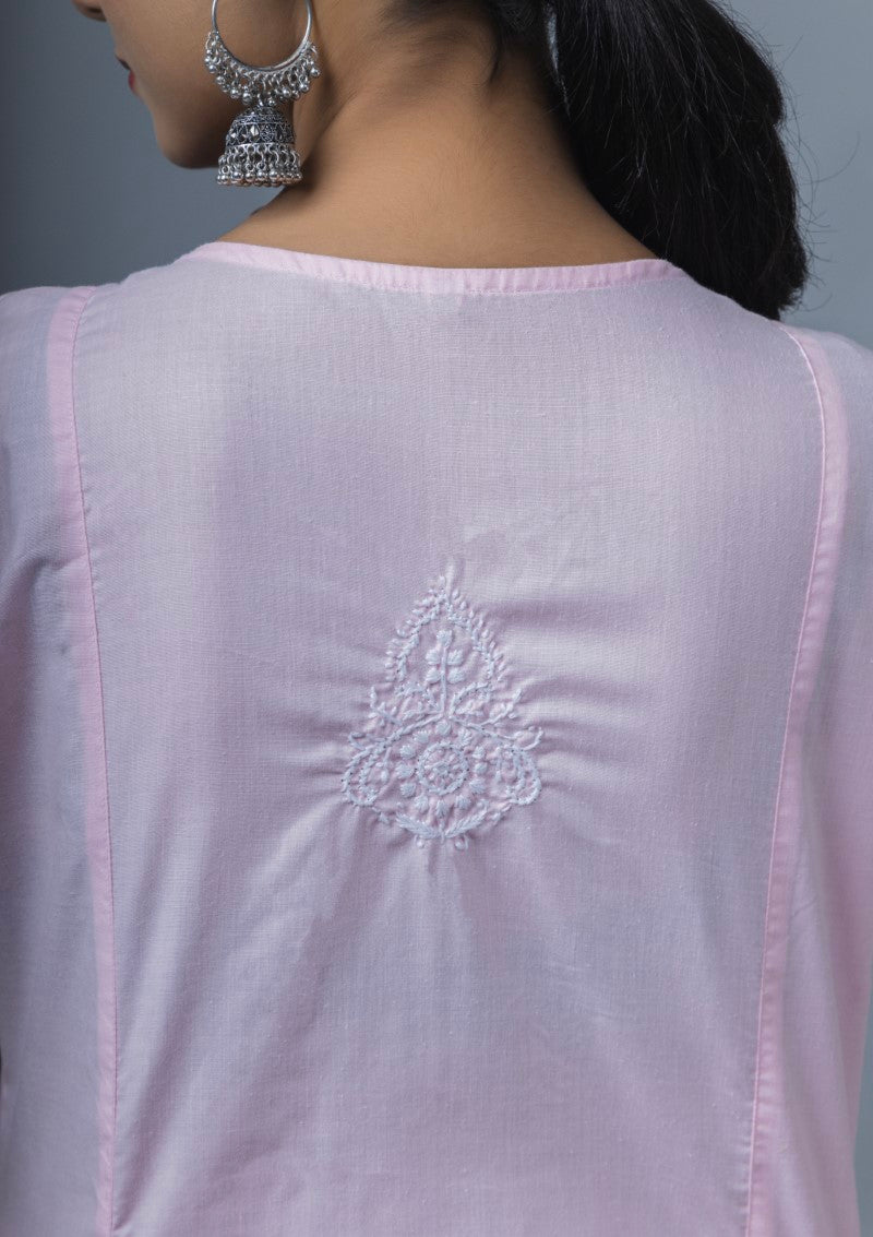 Firdaus Chikan Hand Embroidered Pink Cotton Lucknowi Chikan Kurta-FCL10010