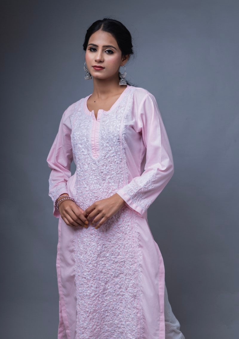 Firdaus Chikan Hand Embroidered Pink Cotton Lucknowi Chikan Kurta-FCL10010