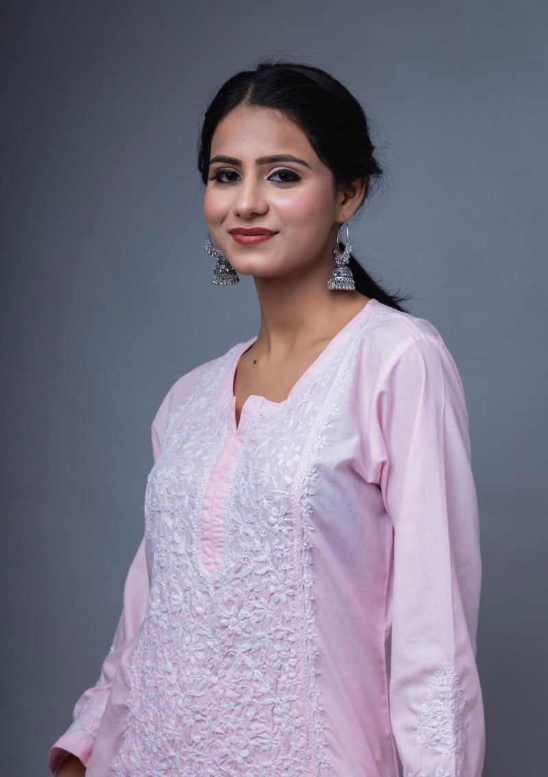 Firdaus Chikan Hand Embroidered Pink Cotton Lucknowi Chikan Kurta-FCL10010