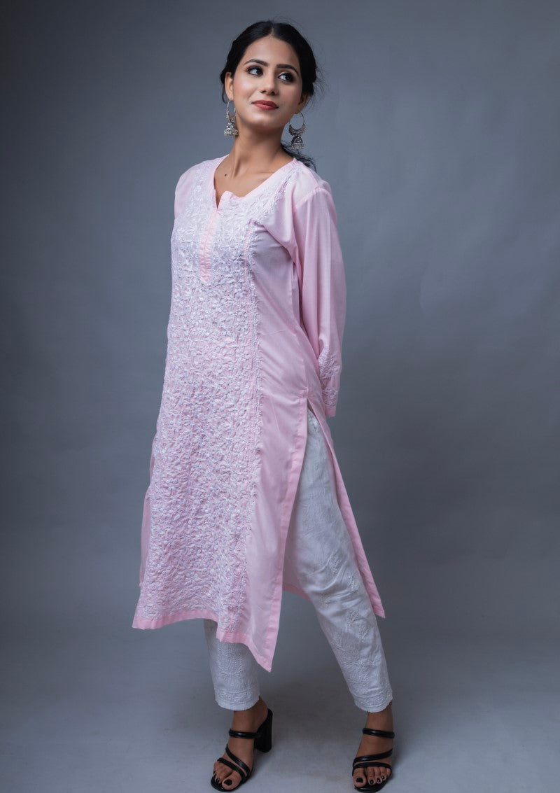 Firdaus Chikan Hand Embroidered Pink Cotton Lucknowi Chikan Kurta-FCL10010