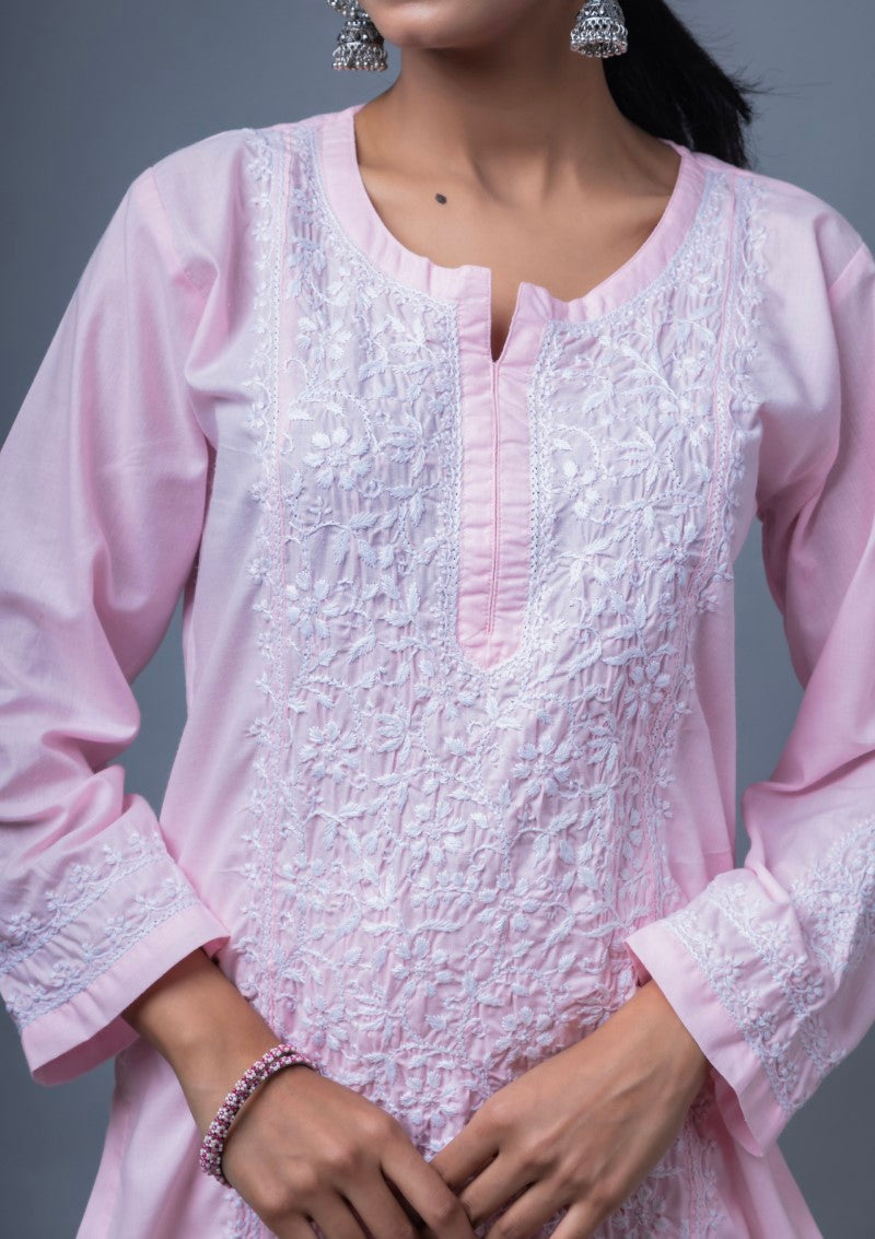 Firdaus Chikan Hand Embroidered Pink Cotton Lucknowi Chikan Kurta-FCL10010