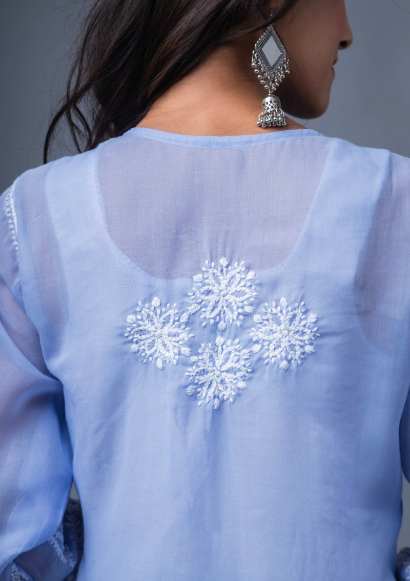 Firdaus Chikan Hand Embroidered Blue Cotton Lucknowi Chikan Kurta-FCL10011