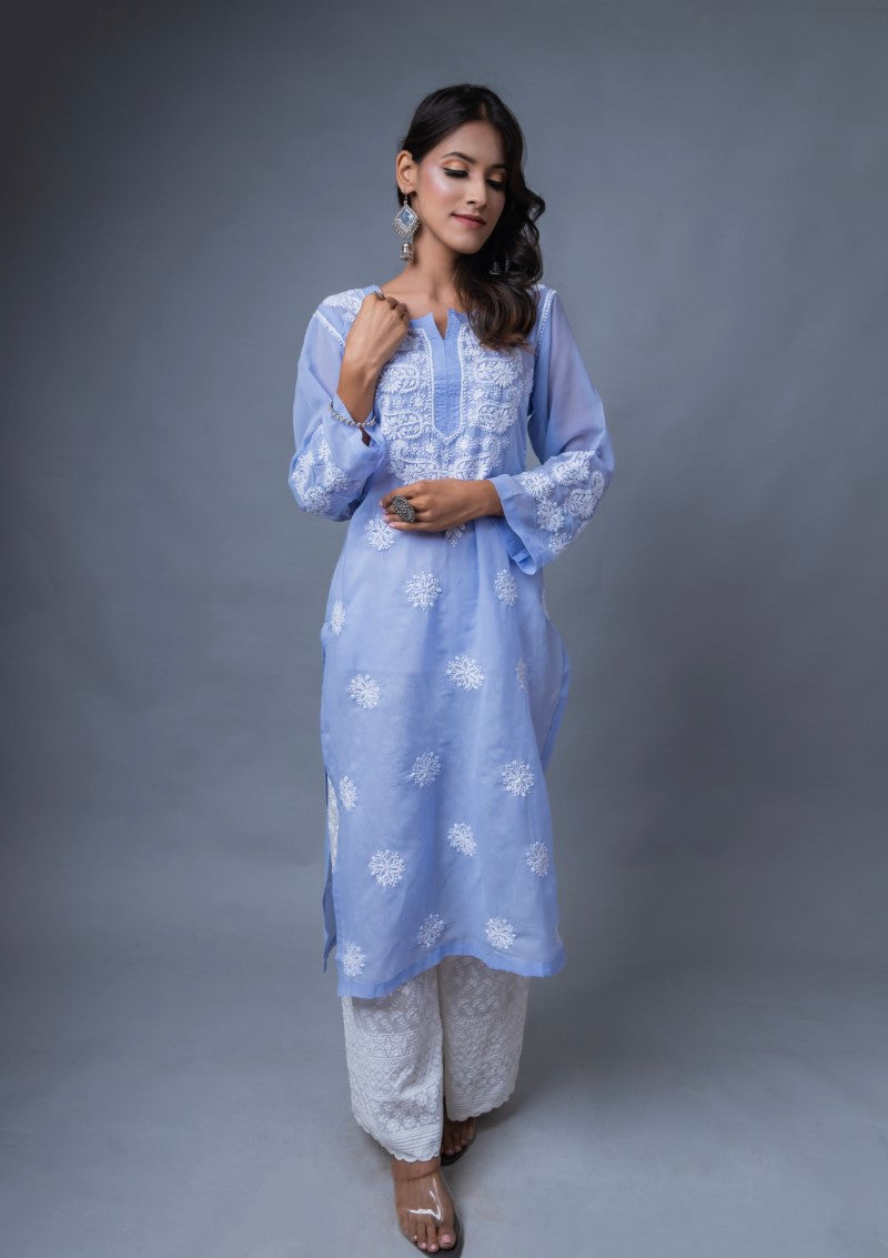 Firdaus Chikan Hand Embroidered Blue Cotton Lucknowi Chikan Kurta-FCL10011