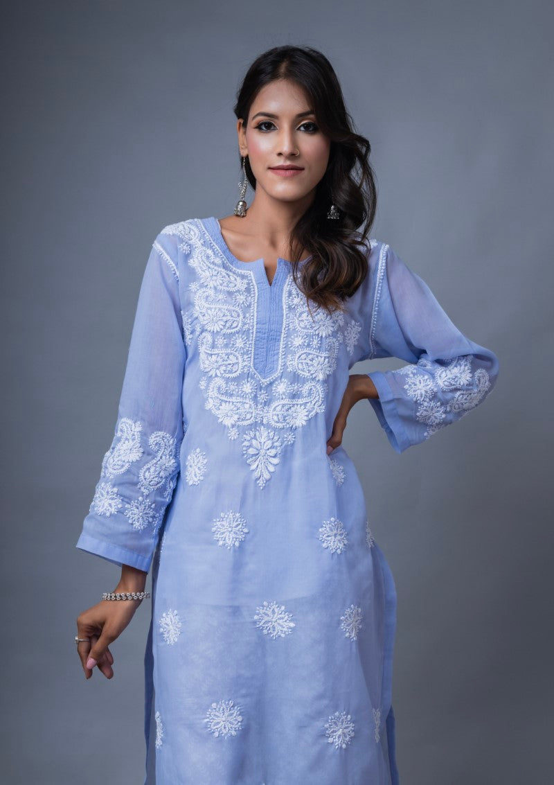 Firdaus Chikan Hand Embroidered Blue Cotton Lucknowi Chikan Kurta-FCL10011