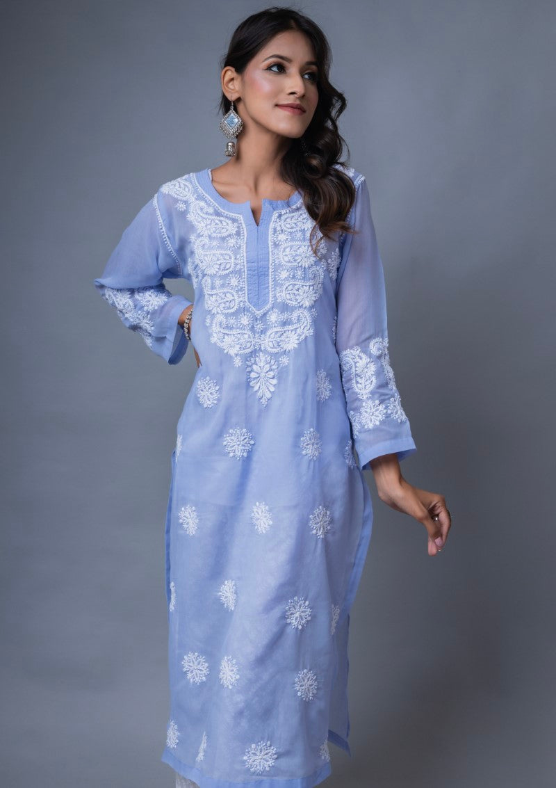 Firdaus Chikan Hand Embroidered Blue Cotton Lucknowi Chikan Kurta-FCL10011