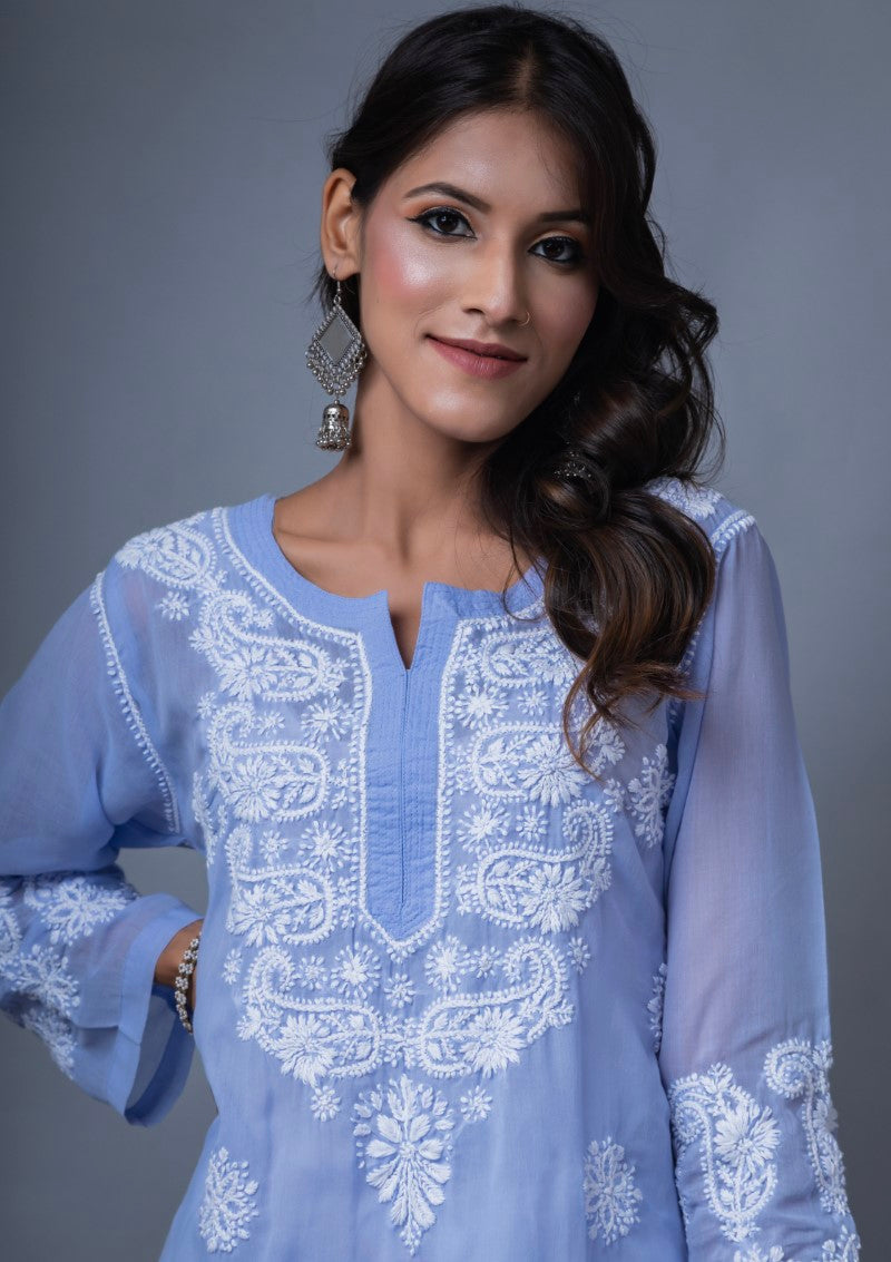 Firdaus Chikan Hand Embroidered Blue Cotton Lucknowi Chikan Kurta-FCL10011