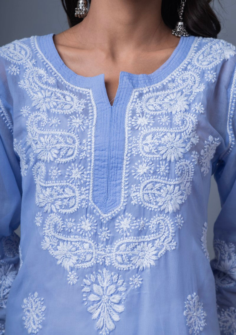 Firdaus Chikan Hand Embroidered Blue Cotton Lucknowi Chikan Kurta-FCL10011